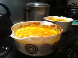 The finished dishes- seafood casserole and mac and cheese!